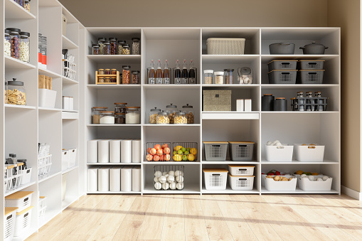 Image of shelves that have kitchen things neatly organized by roostwell.